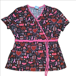 Heart Ribbon Breast Cancer Awareness Scrub Top Small